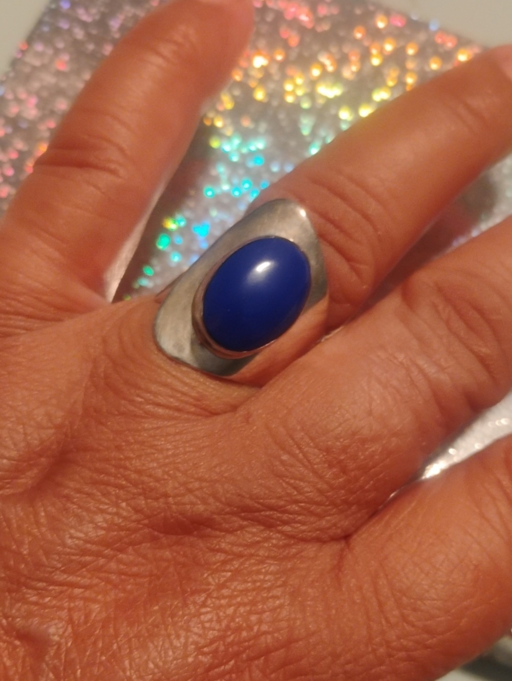 Hand Crafted Royal Blue Oval Stone Silver-Tone Ring